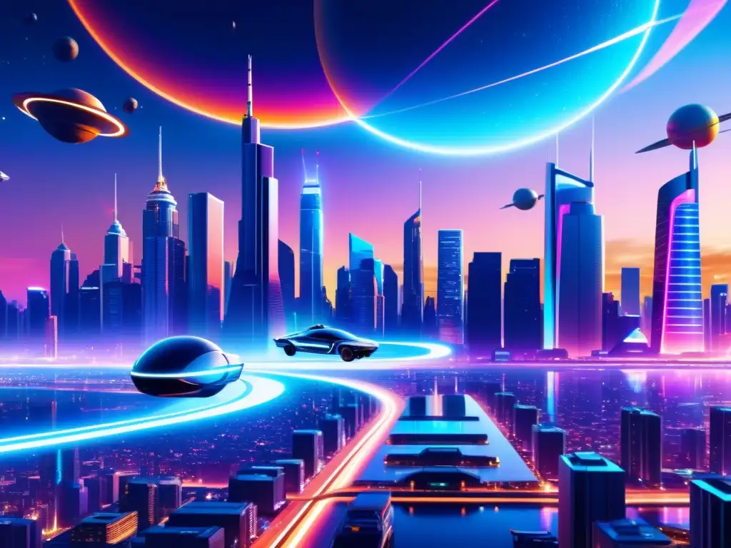 Metrópolis futurista: luces neón y coches voladores Deslumbrante ciudad futurista de ciencia ficción en la realidad desdoblada literatura