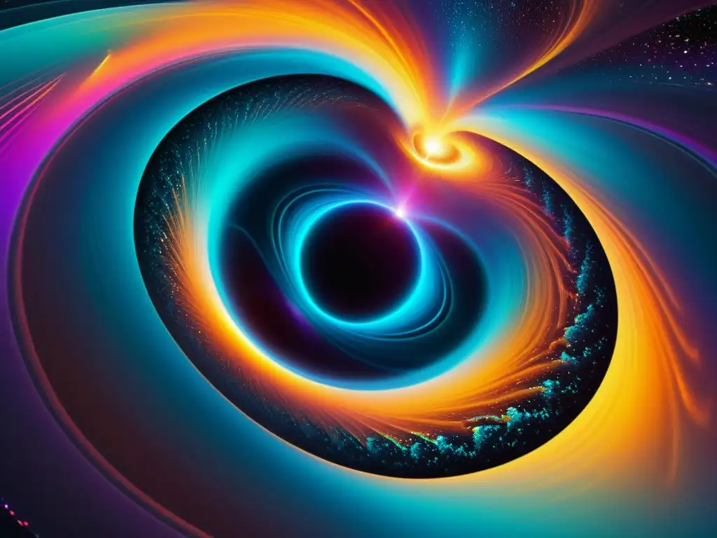 Portal de gusanos espaciales en 8k Deslumbrante representación digital de un agujero negro con colores iridiscentes, simbolizando agujeros de gusano en el espacio