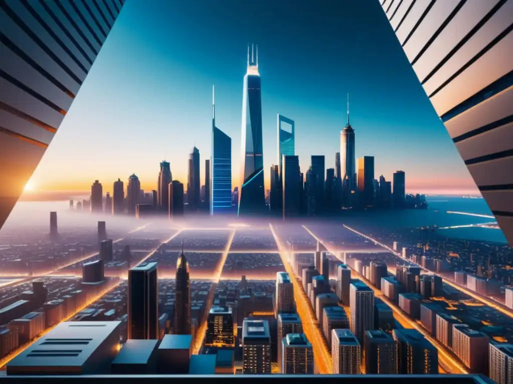Horizonte futurista: ciudad en 8k con diseño geométrico y luces hipnóticas Deslumbrante visualización de dimensiones paralelas, simetría y geometría en una ciudad futurista de rascacielos