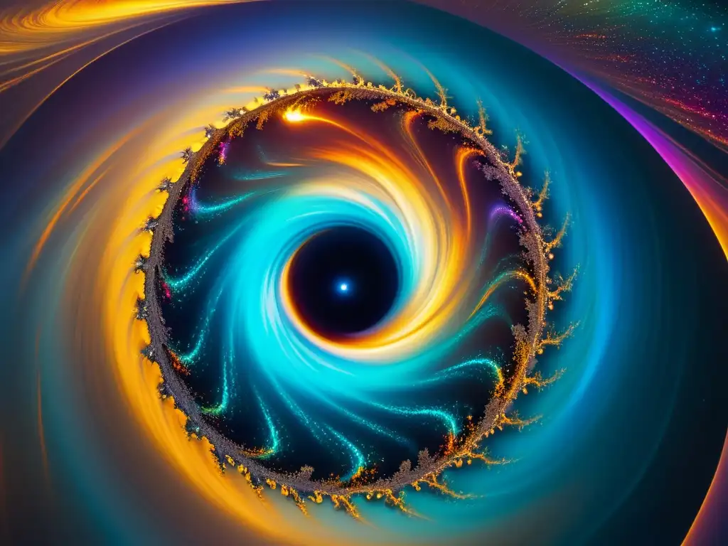 Vórtice misterioso: explorando los agujeros negros Deslumbrante remolino de luz y color, evocando misterio y maravilla, reflejando las teorías agujeros negros dimensiones