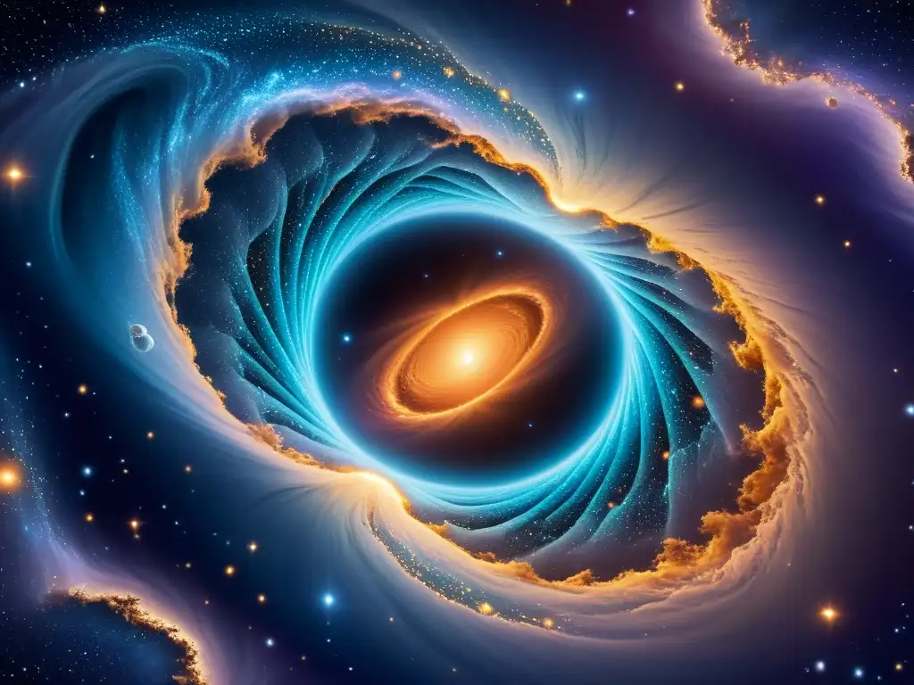 Entrelazamiento cuántico y agujeros de gusano: paisaje cósmico asombroso La ilustración detallada muestra dos agujeros de gusano interconectados, rodeados de galaxias y bañados por rayos de luz