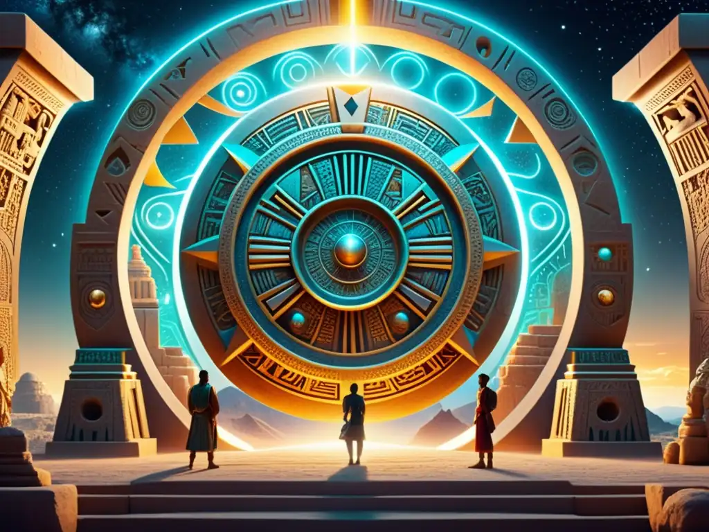 Máquina del tiempo antigua: maravilla futurista Detallada imagen 8k de una antigua civilización con tallado de una compleja máquina del tiempo rodeada de figuras en asombro