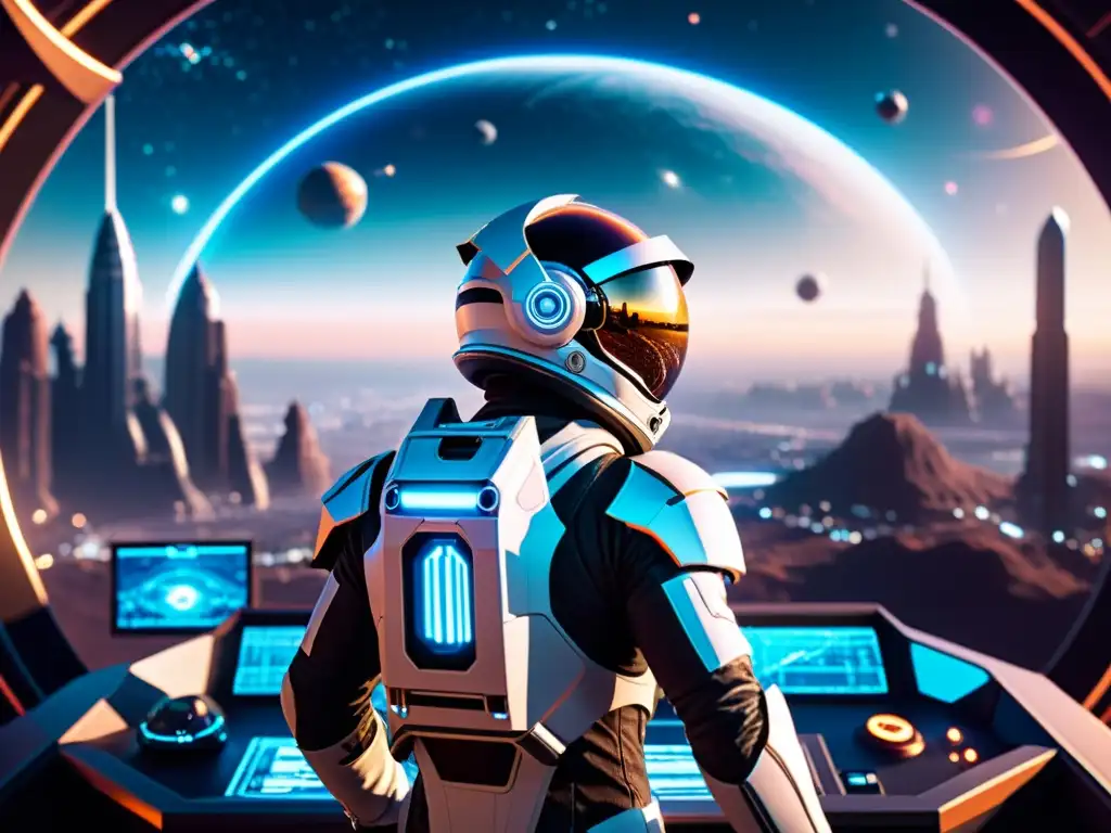 Escena futurista de videojuego en el espacio En esta detallada imagen ultrarrealista de un escenario futurista de videojuegos en el espacio exterior, se aprecian intrincadas y resplandecientes ciudades en planetas lejanos, naves espaciales elegantes surcando entre ellos, y en primer plano, un personaje con equipamiento espacial avanz
