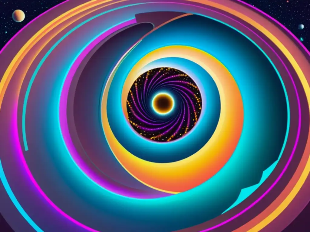 Nave espacial futurista viaja por un wormhole multicolor El detallado diseño de una nave espacial futurista viajando a través de un vibrante agujero de gusano multidimensional, con patrones cósmicos y colores intensos, transmitiendo una sensación de energía y movimiento
