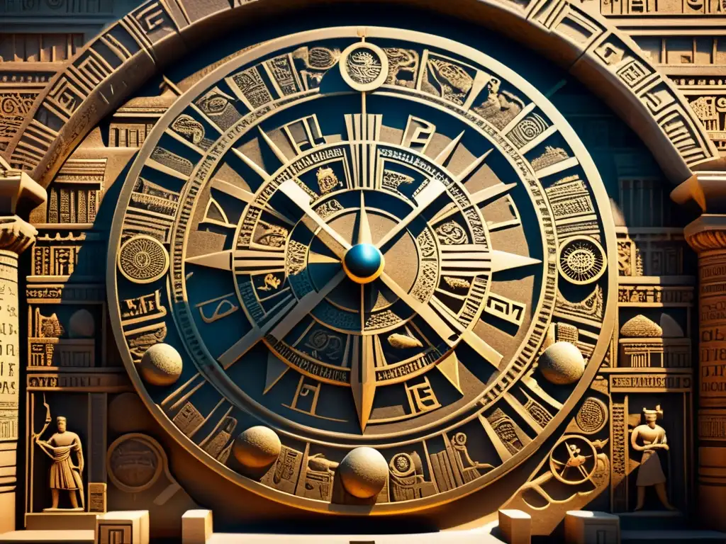 Calendario de piedra antiguo con carvings celestiales en 8k Detalle en 8k de un antiguo calendario de piedra, con carvings de cuerpos celestes y mecanismos de tiempo