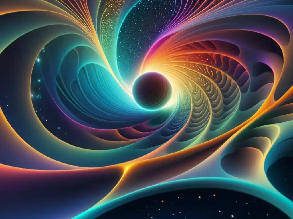 Dimensiones cósmicas en 8k: un viaje al misterio Detalle asombroso de una ilustración en 8k de un paisaje cósmico multicolor, evocando la Teoría de cuerdas dimensiones extras