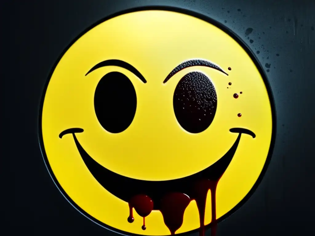 Un detalle 8k del icónico rostro sonriente con salpicadura de sangre en el ojo izquierdo, representando la naturaleza oscura y cruda de los universos paralelos de Watchmen y sus complejos dilemas éticos