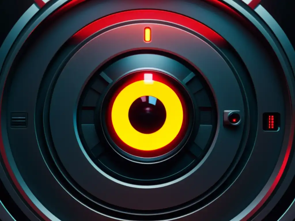 HAL 9000: Imagen ultradetallada en 8k Detalle 8k de HAL 9000, con lente roja y luz amarilla, reflejando su avanzada tecnología