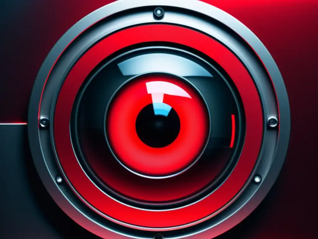 HAL 9000: Ilustración digital deslumbrante Una ilustración digital impactante de HAL 9000, con su icónico ojo de cámara rojo brillante en un fondo de superficies metálicas futuristas