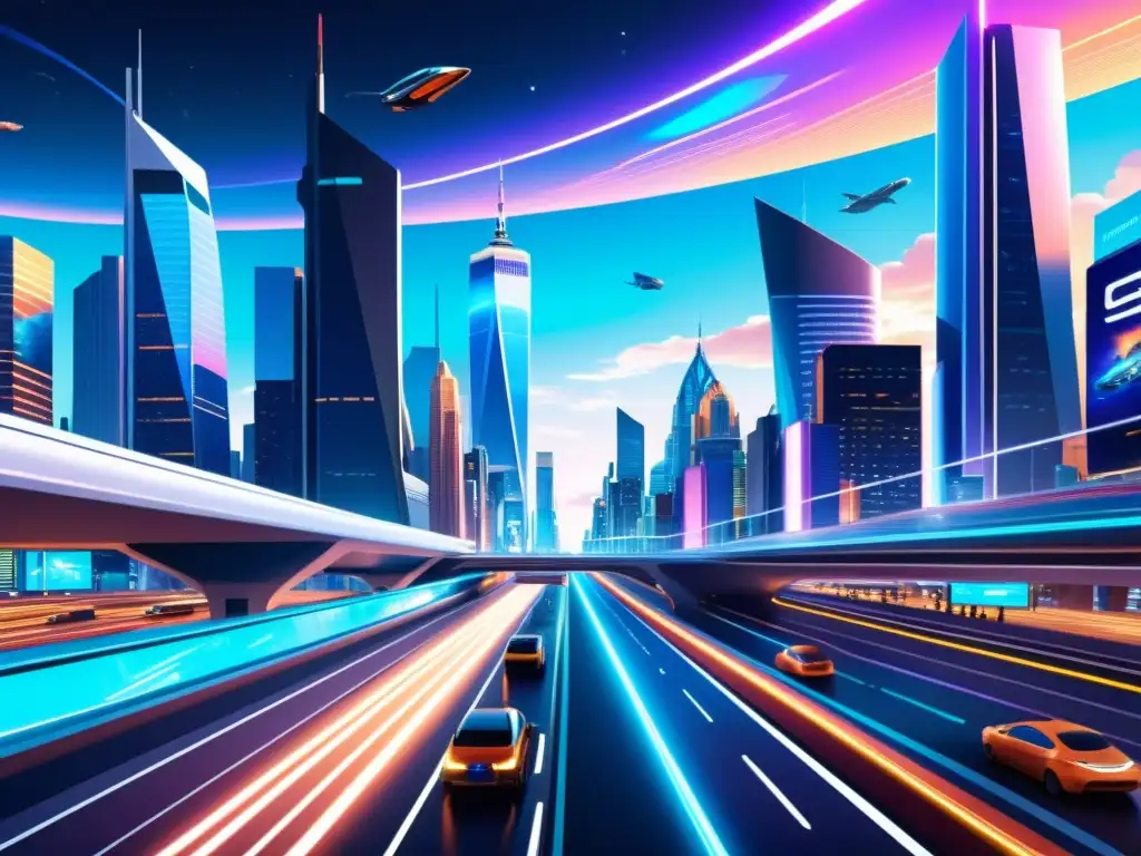 Metrópolis futurista con rascacielos y tecnología avanzada Una ilustración digital vibrante en 8k de una metrópolis futurista en el multiverso en la cultura pop
