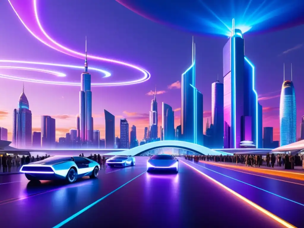 Discusión futurista en la ciudad tecnológica Dimensiones alternativas en la literatura: Ciudad futurista de rascacielos metálicos y luces de neón, con cielos morados y azules