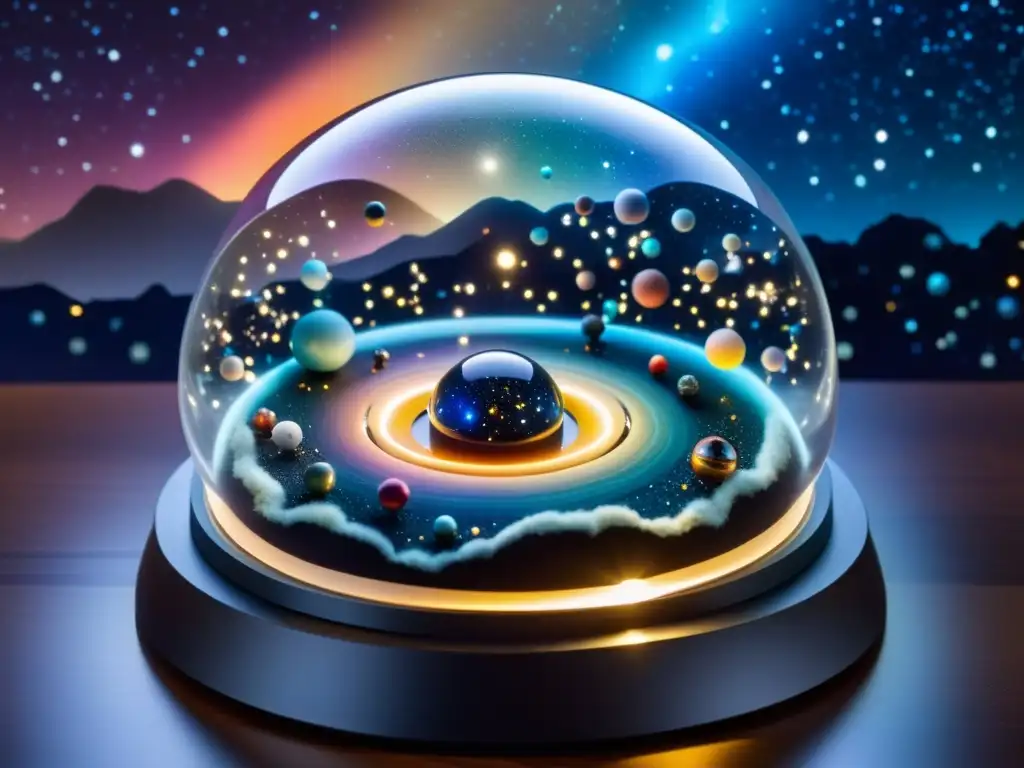 Un diorama futurista con universos paralelos en miniatura en coloridos domos de cristal, rodeado de un cosmos vibrante