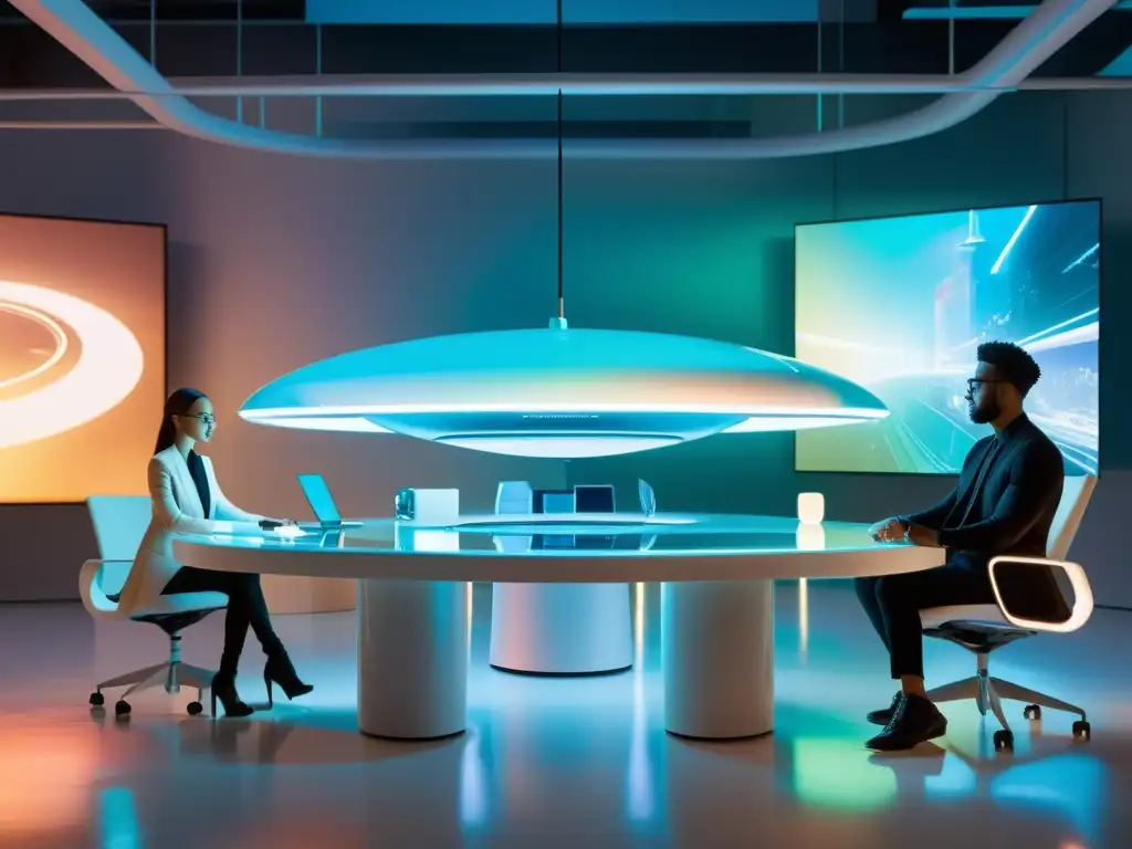 Estudio de Diseño Futurista en Metrópolis Interdimensional Innovación en diseño de productos interdimensionales: estudio futurista en metrópolis etérea, equipo creativo colaborando en prototipos holográficos