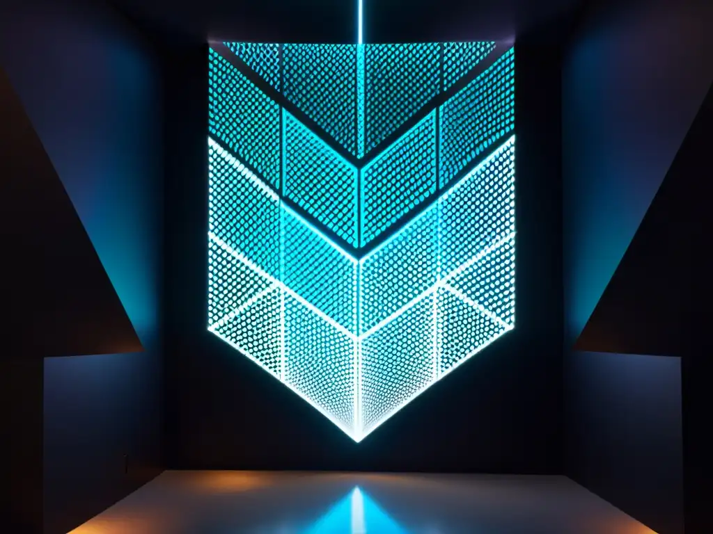 Telas entrelazadas en cámara futurista Diseño textil en universos paralelos: paneles intrincados con patrones geométricos y hilos iridiscentes en cámara futurista