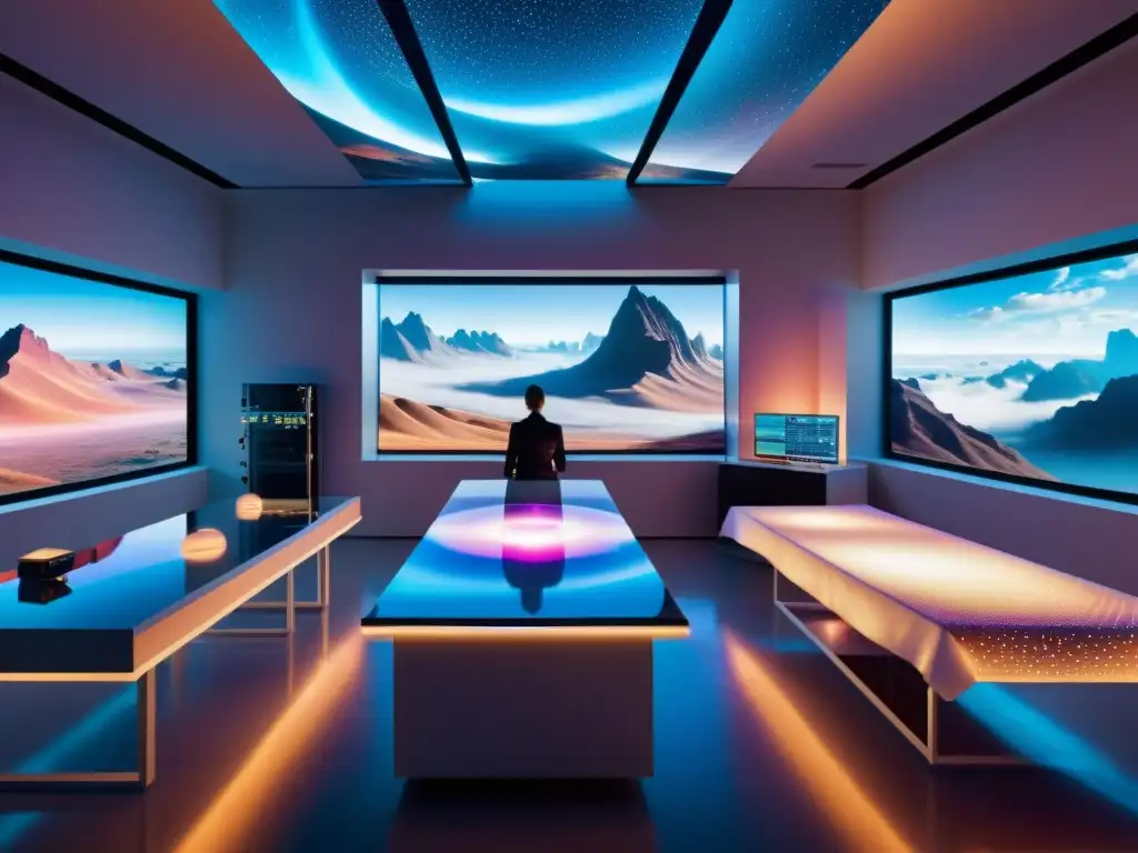 Lab textil futurista: diseño de telas alienígenas en paisaje surrealista Diseño textil en universos paralelos: Laboratorio futurista con diseñadores creando telas alienígenas en un paisaje surrealista