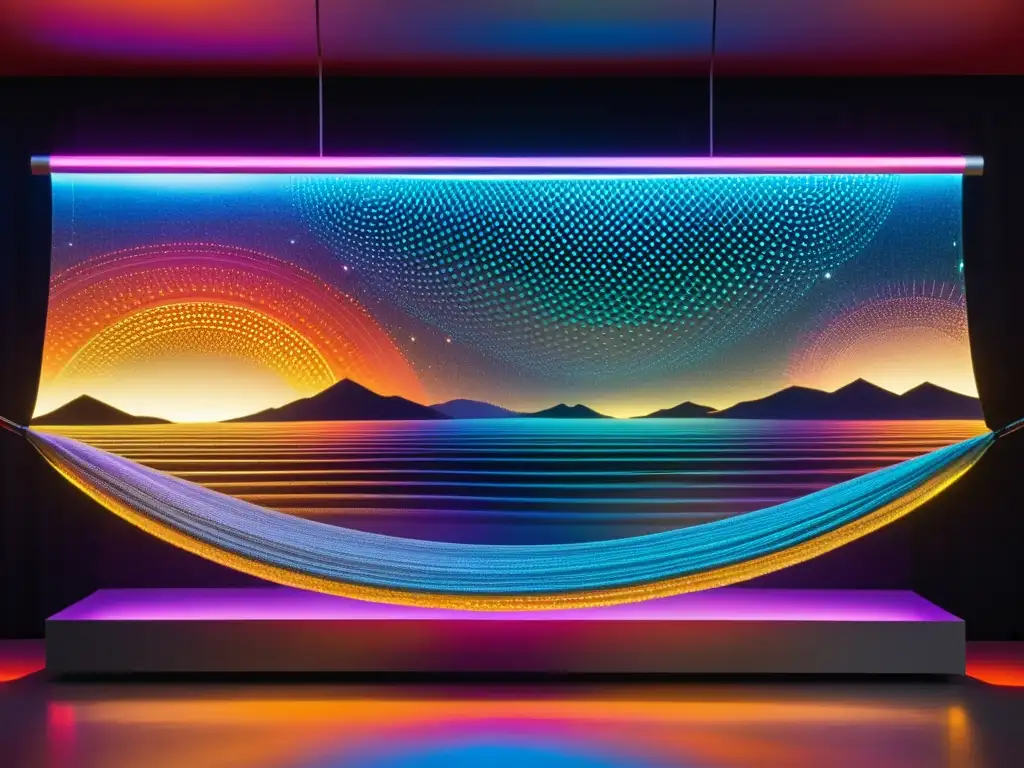 Tejidos interconectados: mundos paralelos en vibrante colorido Diseño textil en universos paralelos: Telas tejidas con escenas de mundos vibrantes y detalles intrincados, iluminadas por un brillo mágico