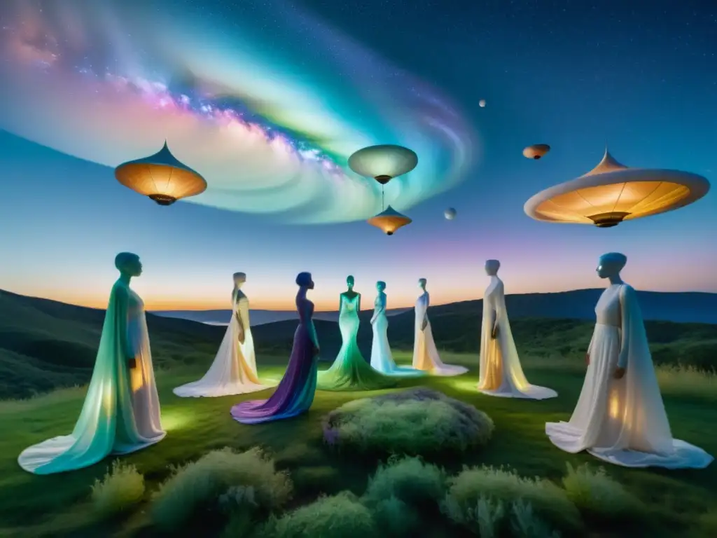 Figuras humanoides envueltas en textiles iridiscentes en un paisaje exótico Diseño textil en universos paralelos: Figuras humanoides con textiles iridiscentes en un paisaje exuberante, entre galaxias y telas flotantes