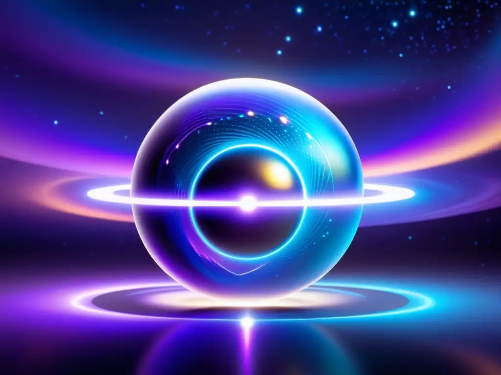 Orbe cuántico: Comunicación interdimensional Dispositivo de comunicaciones universos paralelos: orbe metálico con símbolos azules y púrpuras, rodeado de hologramas y portales cósmicos