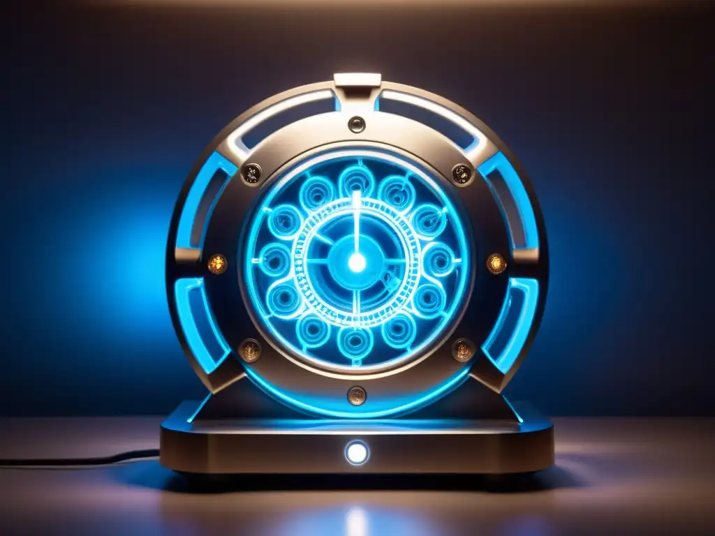 Máquina del tiempo futurista, energía hipnótica Un dispositivo futurista de viaje en el tiempo emite energía en una habitación tenue, evocando un ambiente intrigante