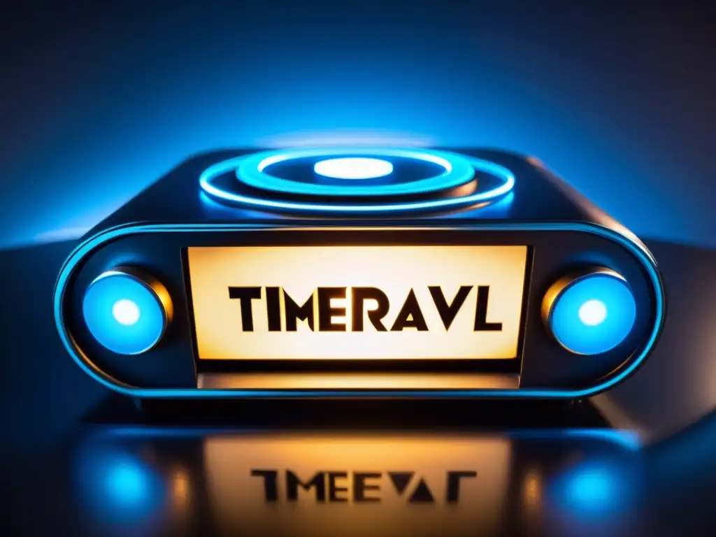 Dispositivo de viaje en el tiempo futurista y luminoso Un dispositivo futurista de viajes interdimensionales brilla en azul sobre una superficie oscura, con paisajes y portales misteriosos al fondo