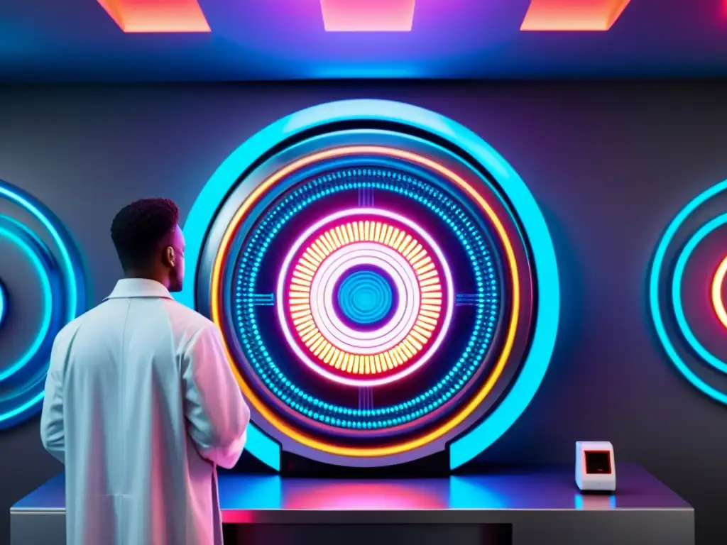 Dispositivo interdimensional: exploración ética Dispositivo interdimensional futurista en laboratorio de alta tecnología, rodeado de científicos y vibrantes colores