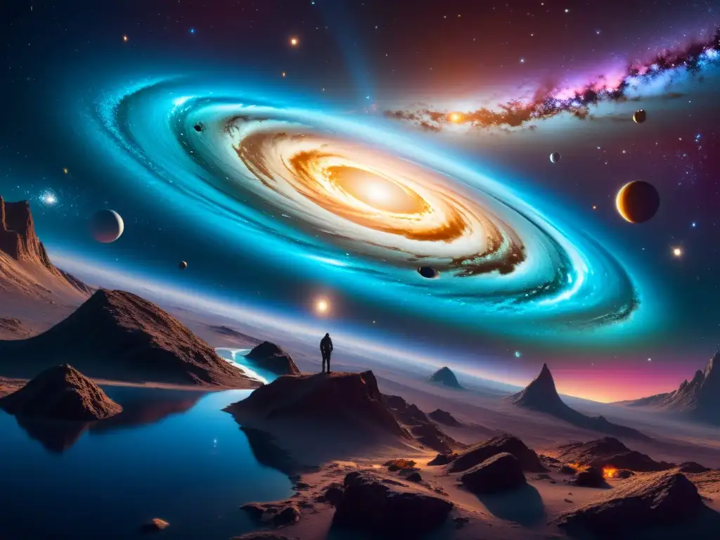 Exploración cósmica en Ultra HD: Naves futuristas y galaxias Documental mirada a teorías del multiverso: nave futurista flota entre galaxias, estrellas y nebulosas, evocando asombro cósmico