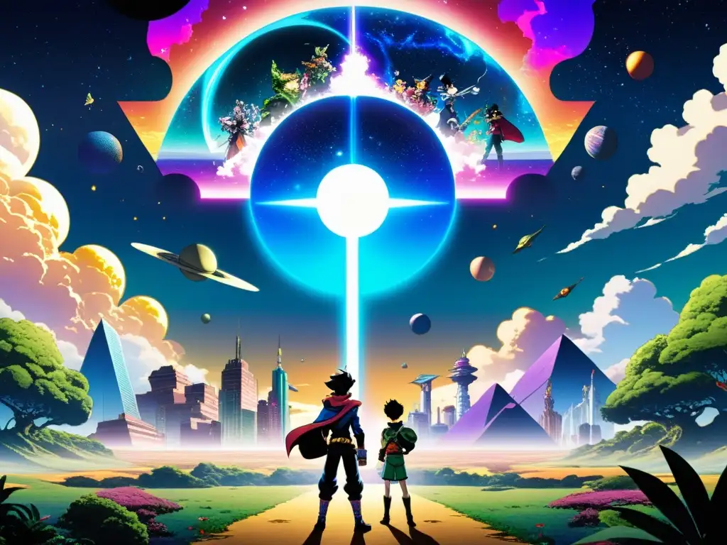 Exploración Multiversal: Aventura Vibrante con Personajes de JoJo Un emocionante viaje multiverso JoJo's Bizarre Adventure, con mundos fantásticos y personajes determinados en una imagen deslumbrante