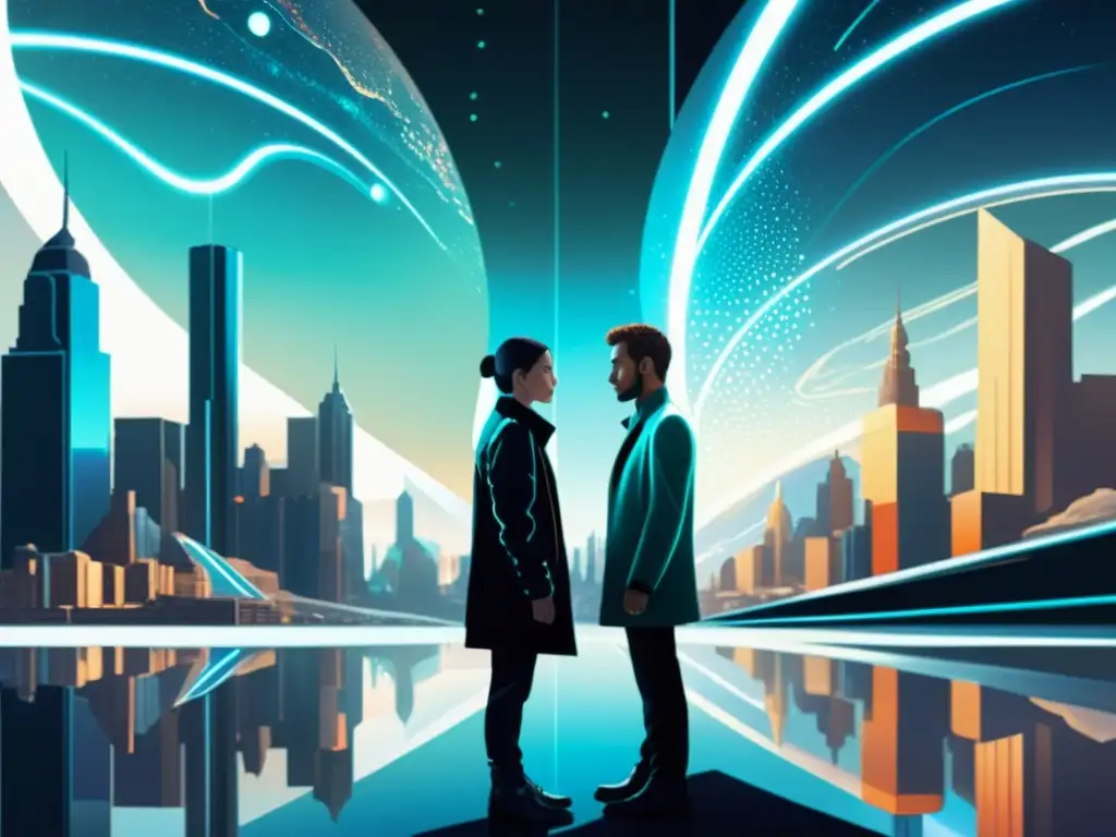 Encuentro en mundos paralelos: tensión y dualidad Encuentro interdimensional entre dos versiones éticas de la misma persona, en paisaje dual futurista y urbano