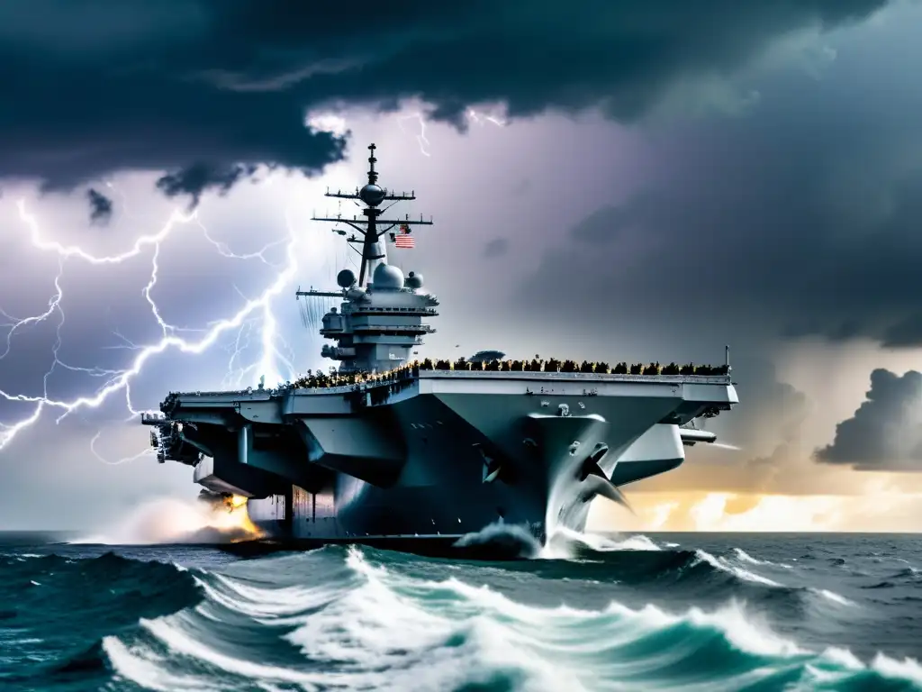 Choque de Eras: Portaaviones Moderno vs Encuentro de dos eras: portaviones moderno y buque de guerra de la Segunda Guerra Mundial en tormenta de rayos y nubes oscuras