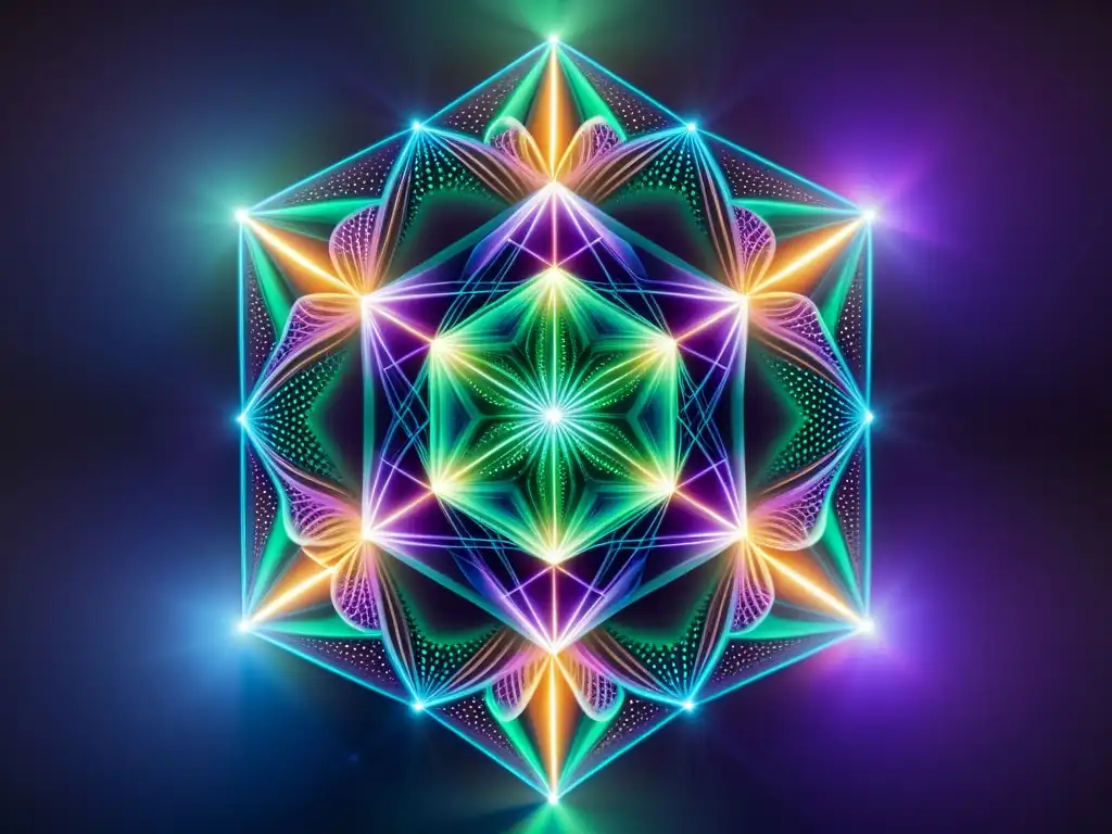 Red interconexión de formas geométricas brillantes en un cosmos misterioso Un enigmático entramado de formas geométricas luminosas se entrelaza en un vacío nebuloso