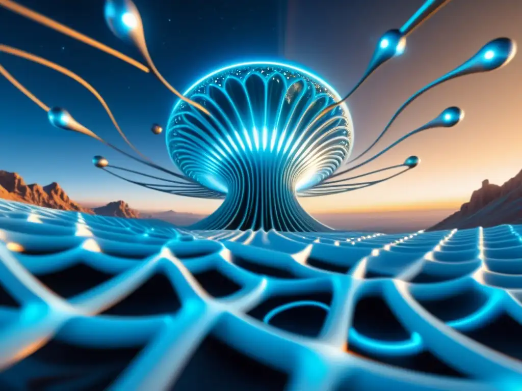 Enjambre de Nanobots Manipulando el Espaciotiempo Un enjambre de nanobots manipula el tejido del espacio-tiempo en una escena futurista bañada en un suave resplandor azul