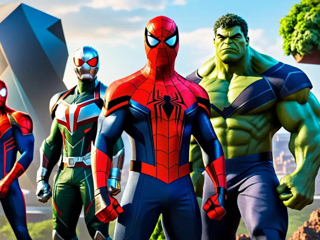 Convergencia épica: SpiderMan 2099 y lucha interdimensional Épica batalla en el Patchwork de Realidades de Marvel: SpiderMan 2099, Hulk, SheHulk y Doctor Octopus en vibrante escena cósmica de caos y energía
