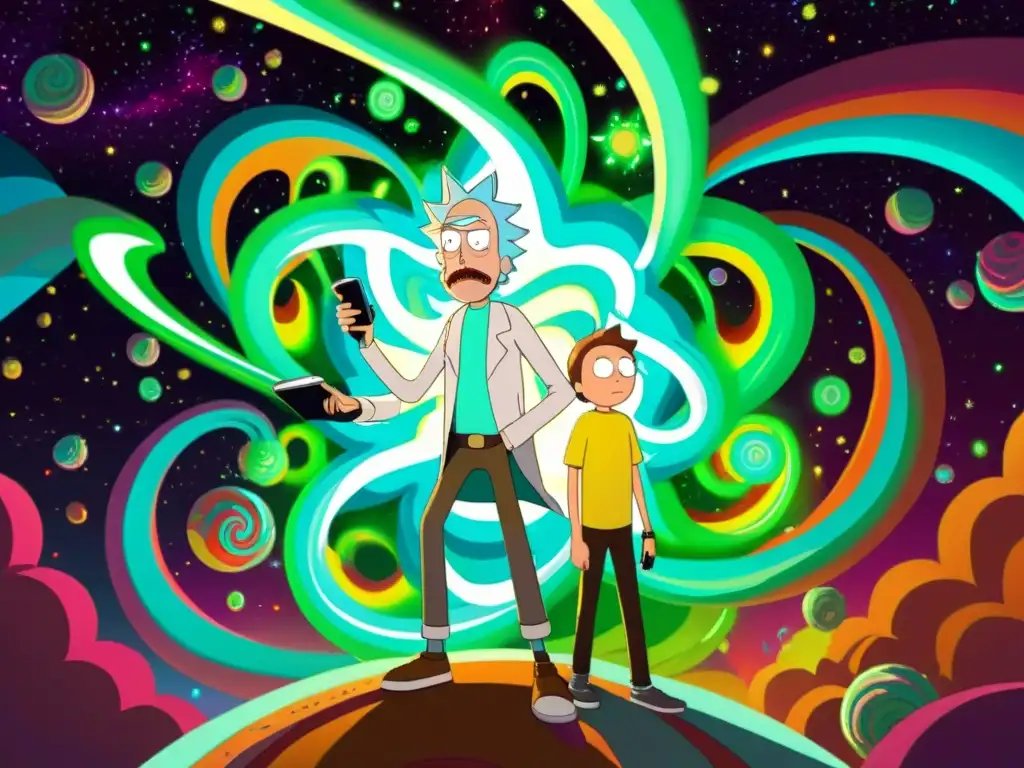 Rick y Morty: Aventura Multiversal Una épica pintura digital de Rick y Morty frente a un remolino dimensional