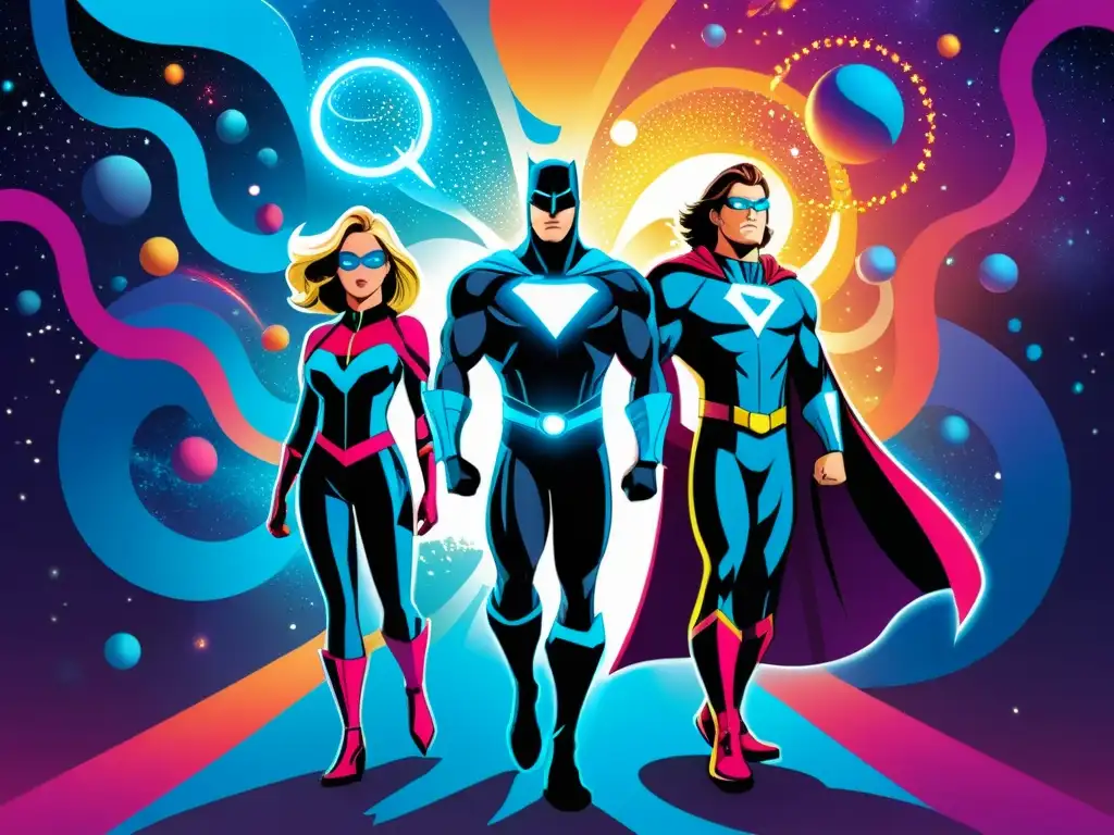 Superfísicos cuánticos: héroes en galaxias Un épico cómic de física cuántica con científicos como superhéroes, rodeados de galaxias y ecuaciones, en vibrantes colores cósmicos