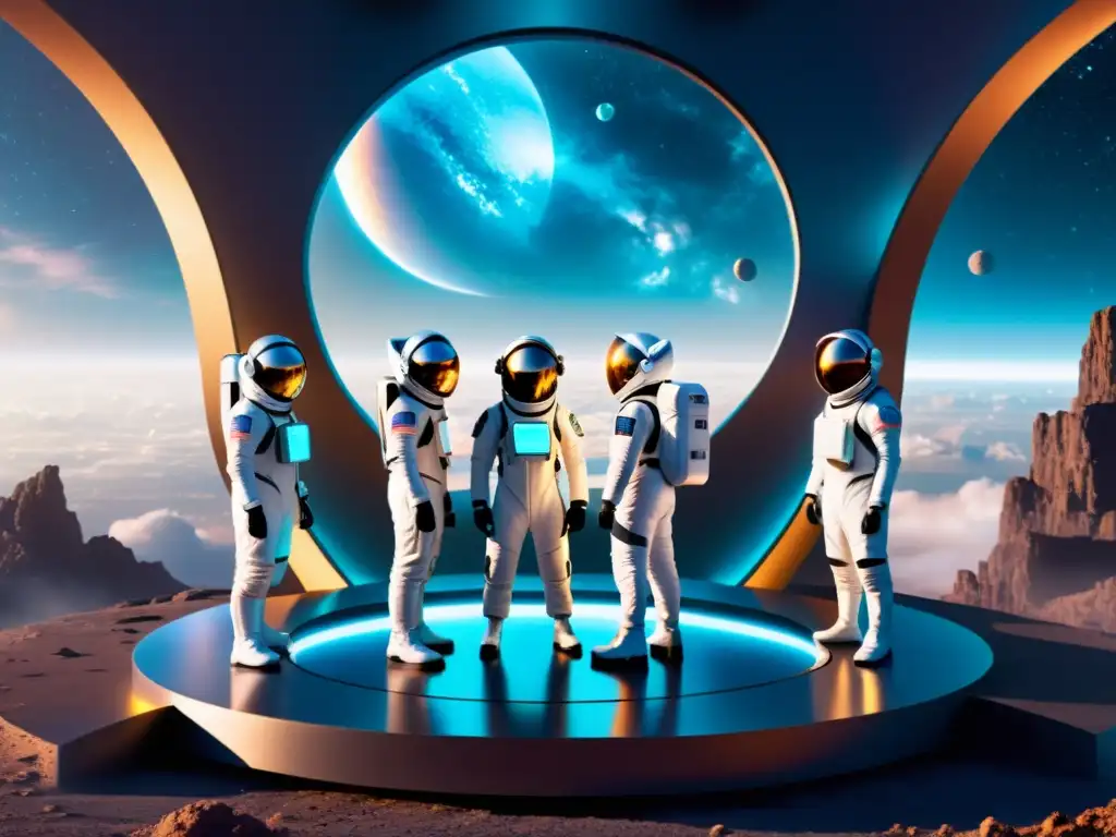 Astronautas frente a portal interdimensional Un equipo de astronautas con trajes biomecánicos se prepara para una aventura interdimensional junto a un portal resplandeciente