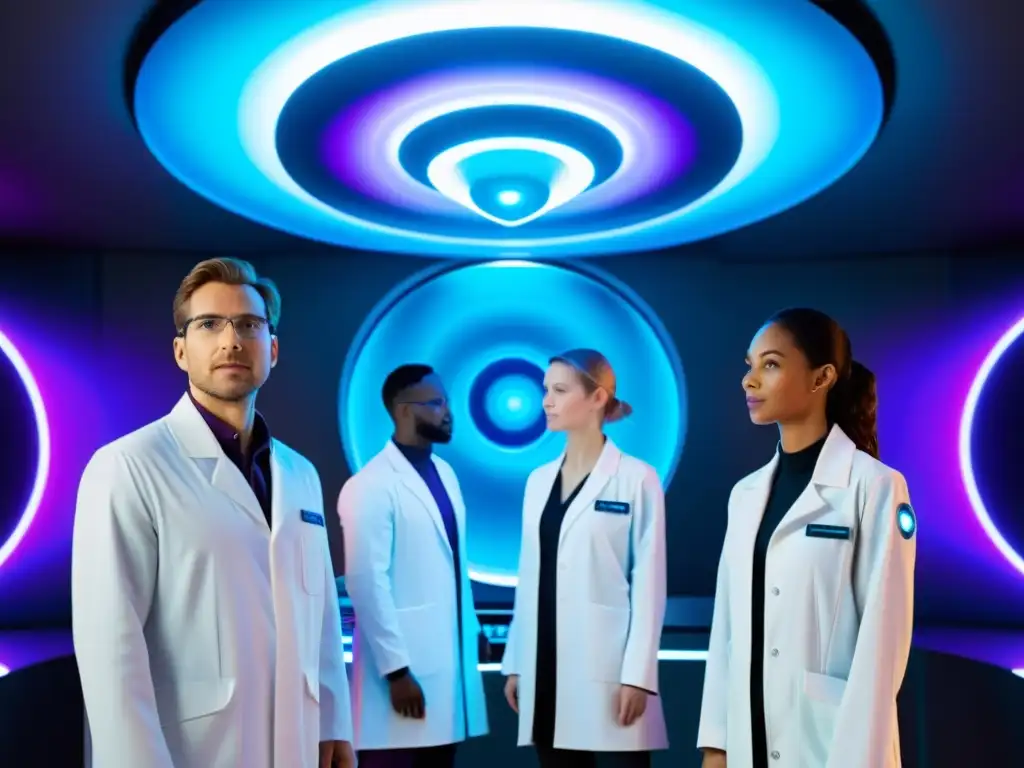 Descubrimiento dimensional: científicos observan portal energético Un equipo de científicos observa con asombro y determinación un portal interdimensional en un laboratorio futurista