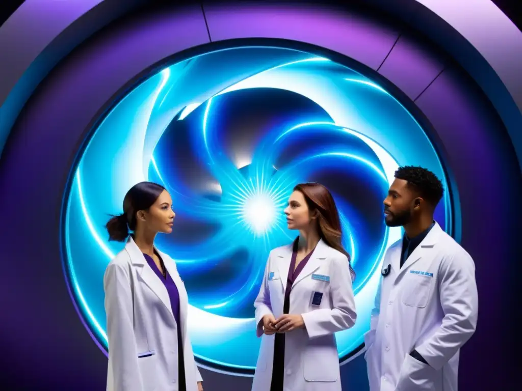 Descubrimiento interdimensional: científicos activan portal de energía Un equipo de científicos ajusta controles frente a un portal interdimensional, con una ciudad futurista al fondo