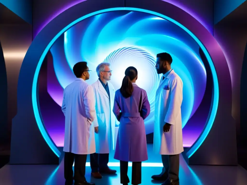 Portal interdimensional: científicos controlan el misterio Un equipo de científicos ajusta controles en un portal interdimensional, con energía azul y morada