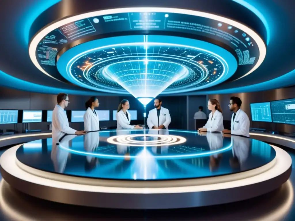 Descubriendo el viaje interdimensional: científicos en laboratorio Equipo de científicos en laboratorio de alta tecnología, creando dispositivo para viajes interdimensionales, rodeados de energía y vortexes