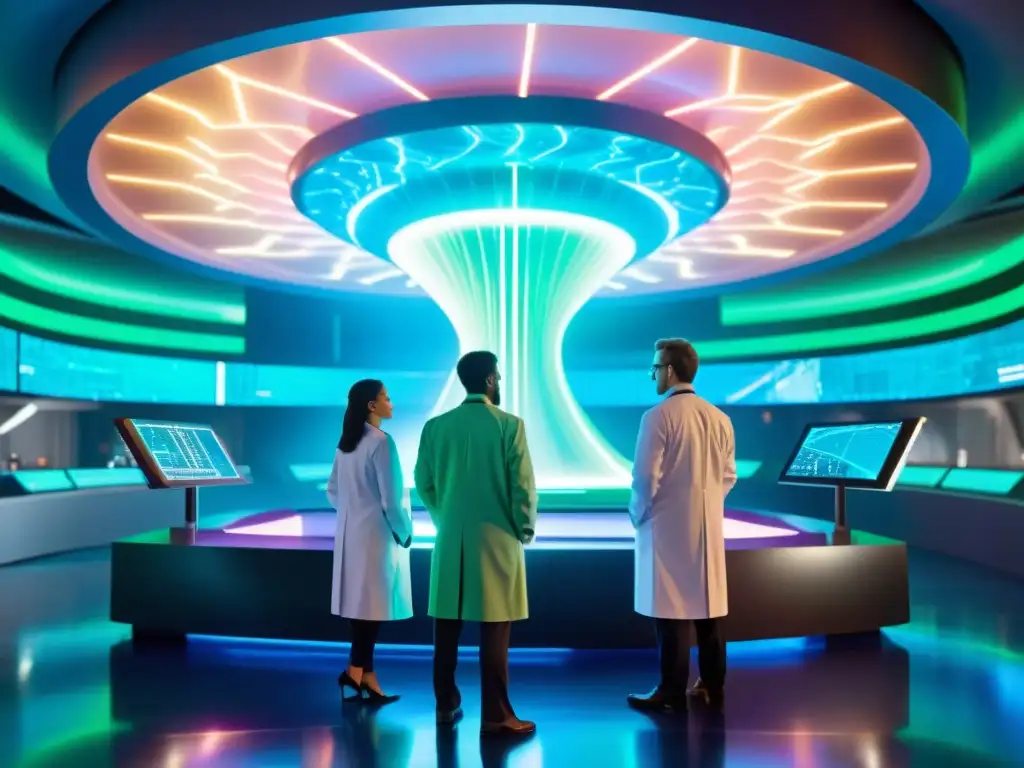 Portal interdimensional: científicos en laboratorio futurista Un equipo de científicos en un laboratorio futurista se prepara para un viaje interdimensional, con implicaciones psicológicas