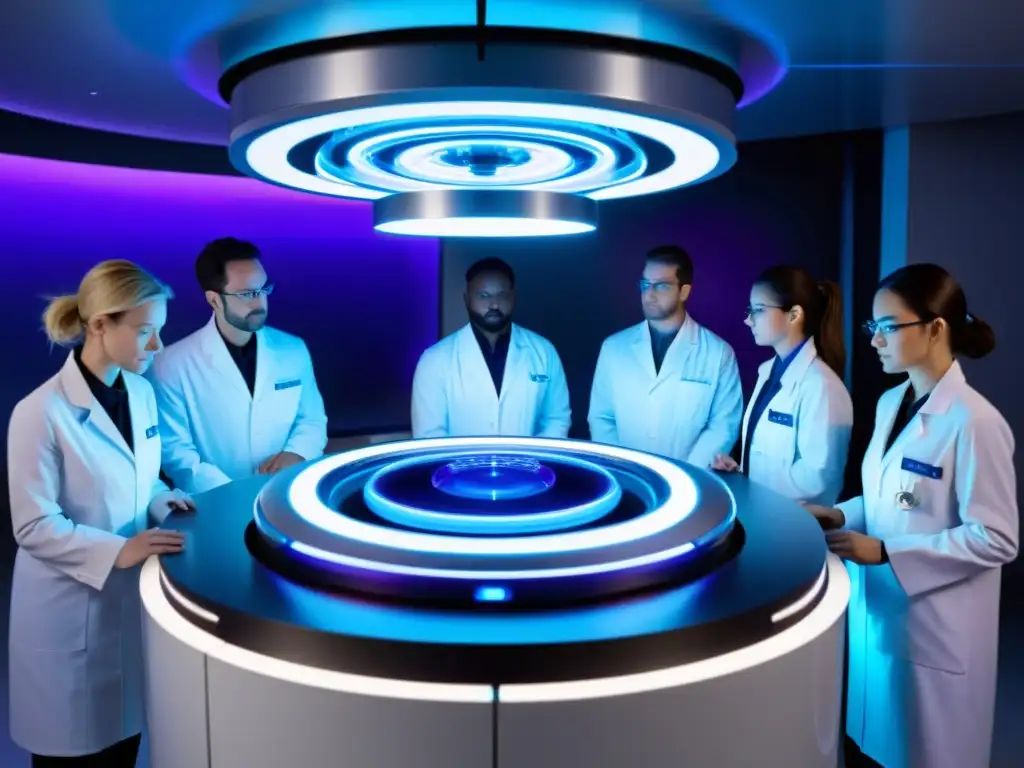 Exploración interdimensional: científicos operan máquina futurista Un equipo de científicos en un laboratorio oscuro monitorea una máquina futurista con energía azul y morada
