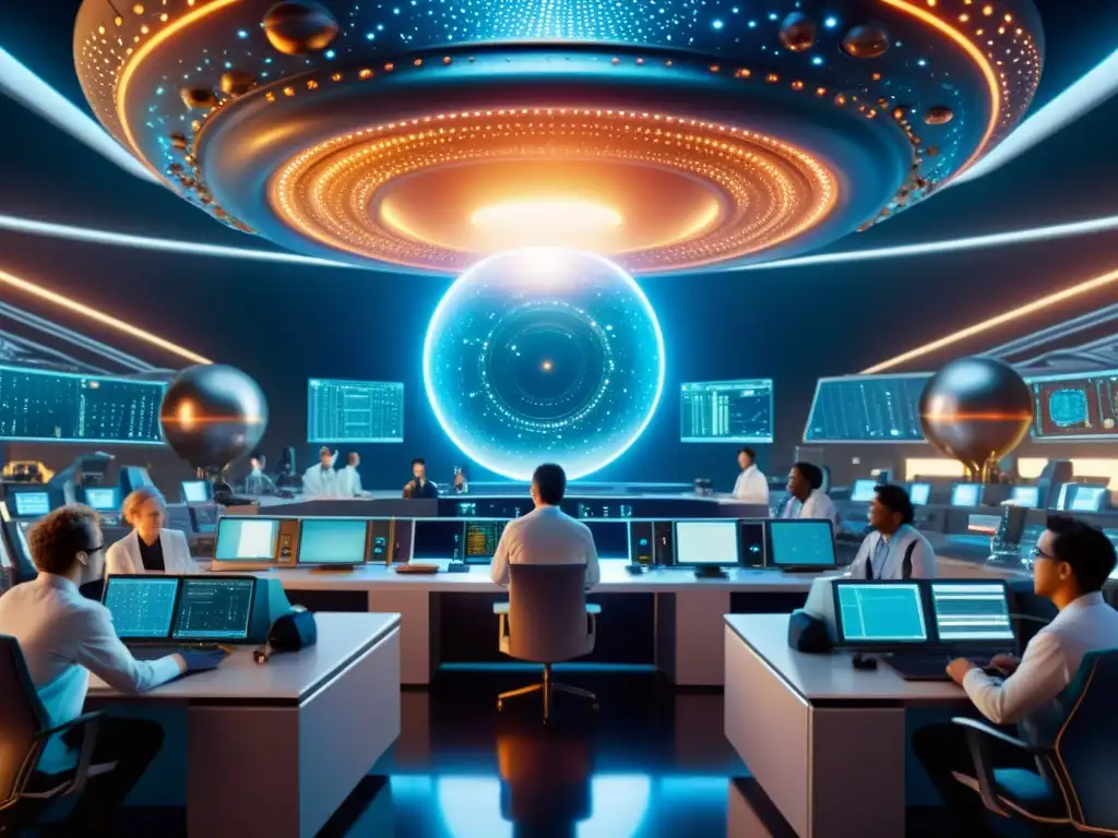 Exploración Científica en Universo Paralelo: Laboratorio Futurista Equipo de científicos con mejoras cibernéticas en un laboratorio cuántico en cómics alternativos