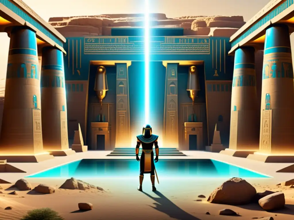 Templo egipcio con tecnología futurista y viajeros del tiempo Un equipo de científicos modernos opera máquinas de viaje en el tiempo en un complejo de templos egipcios, con un portal cósmico de fondo