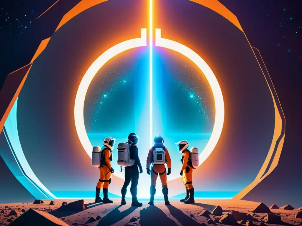 Equipo científico frente a un portal interdimensional Equipo de científicos preparándose para viajes interdimensionales, con un portal vibrante y reflexiones éticas
