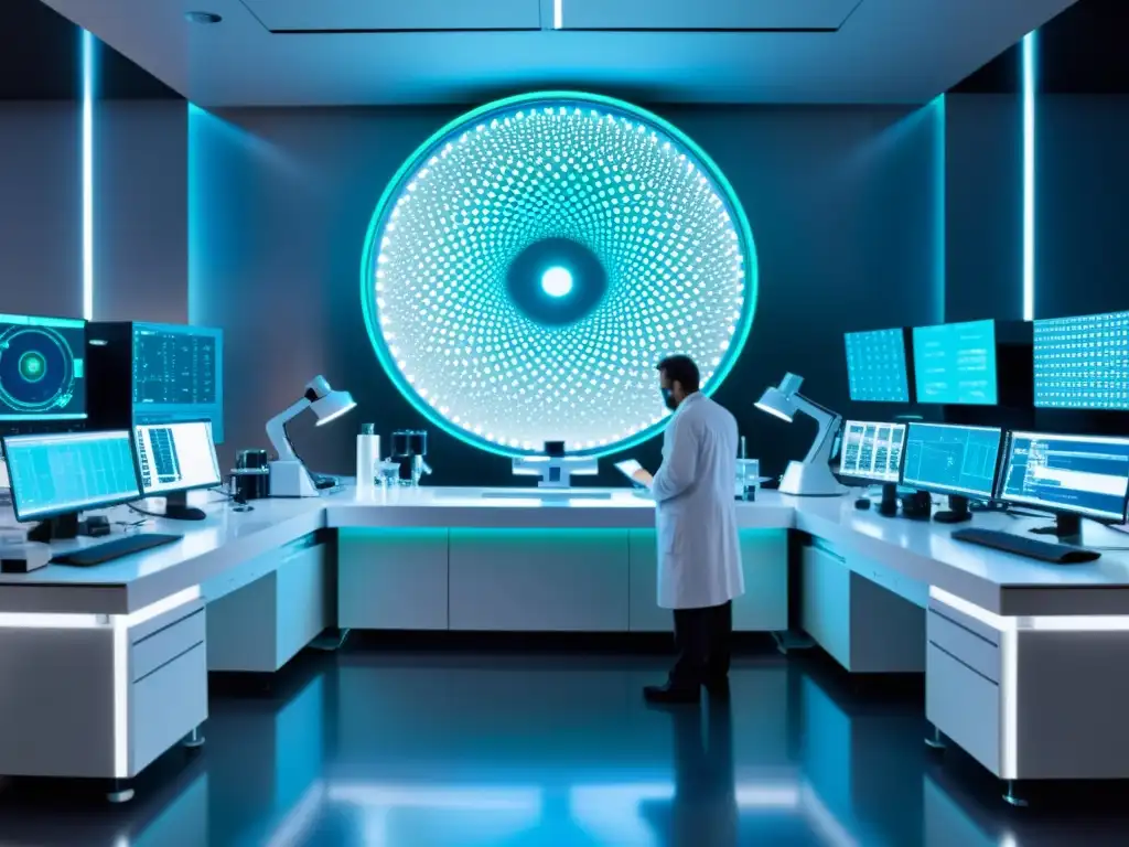 Análisis de virus interdimensional en laboratorio futurista Un equipo de científicos analiza un virus interdimensional en un laboratorio futurista