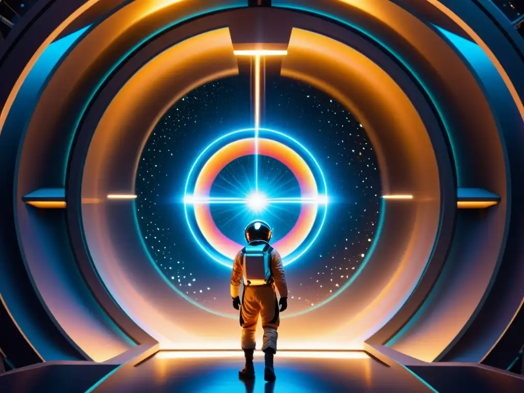 Descubriendo universos paralelos: acelerador de partículas hightech Un equipo diverso de científicos en trajes avanzados opera un acelerador de partículas de alta tecnología en medio de un universo fractal, explorando teorías científicas sobre universos paralelos