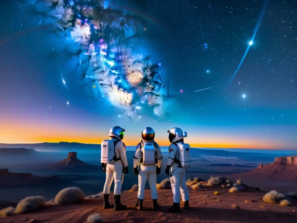 Exploradores cósmicos en el borde de la maravilla Un equipo de exploradores contempla la singularidad del ser multiversal en un deslumbrante portal cósmico, rodeado de galaxias y estrellas brillantes
