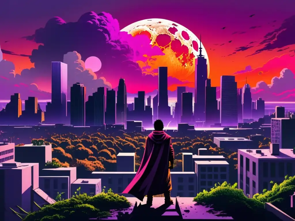 Ruinas posapocalípticas: Paisaje urbano surrealista Escenario apocalíptico de ciencia ficción en East of West, con rascacielos en ruinas y vegetación exuberante