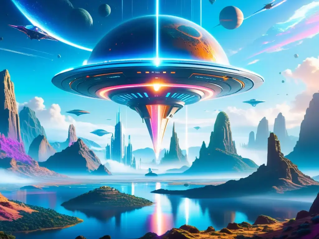 Escenario futurista de videojuego con portales interdimensionales, naves y criaturas exóticas