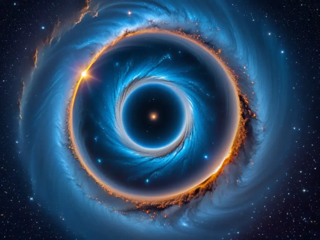 Deslumbrante agujero de gusano en el espacio Un espectacular agujero de gusano en el espacio, rodeado de polvo cósmico y cuerpos celestes, evocando asombro por las teorías científicas de viajes interdimensionales